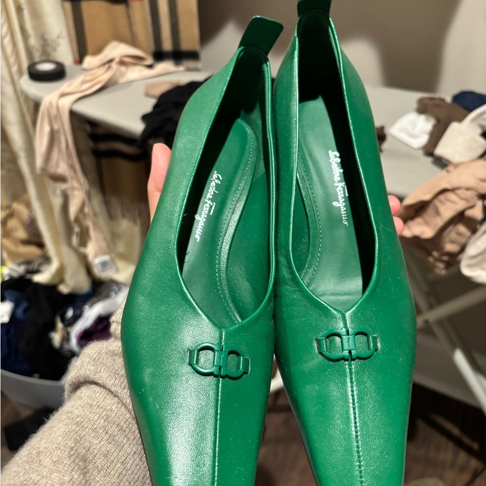 Salvatore Ferragamo Green Leather Flats with Buckle Detail